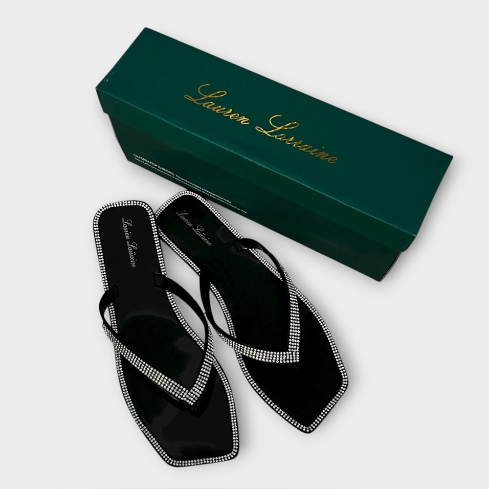 Lauren Lorraine Tampa Black Rhinestone Flip Flops Jelly Thong Sandals Size 8 New